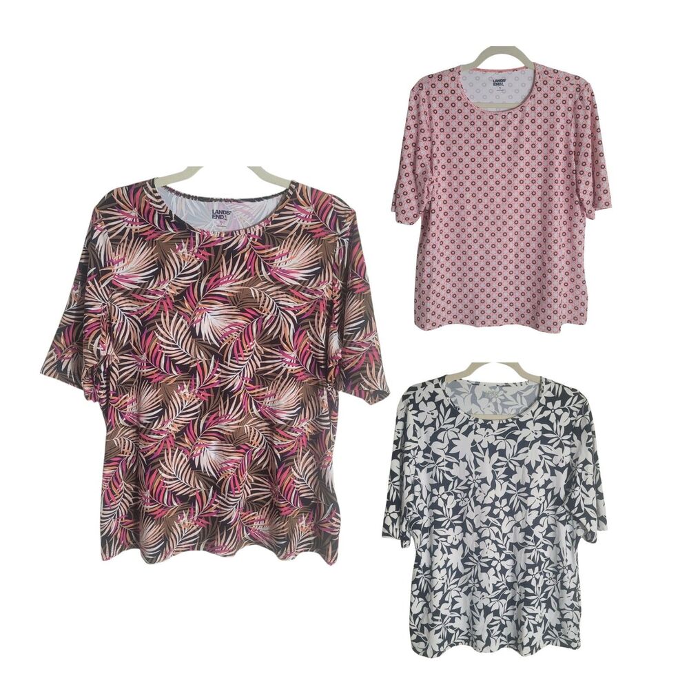 3 Land's End Floral Rash Guard Shirts Women's XL Short Sleeve‎ Tropical Beach